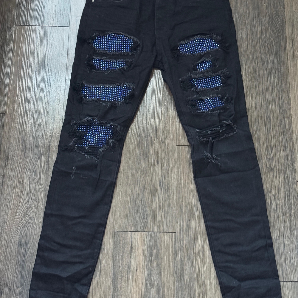 AMIRI Black and Blue Distressed Skinny Jeans